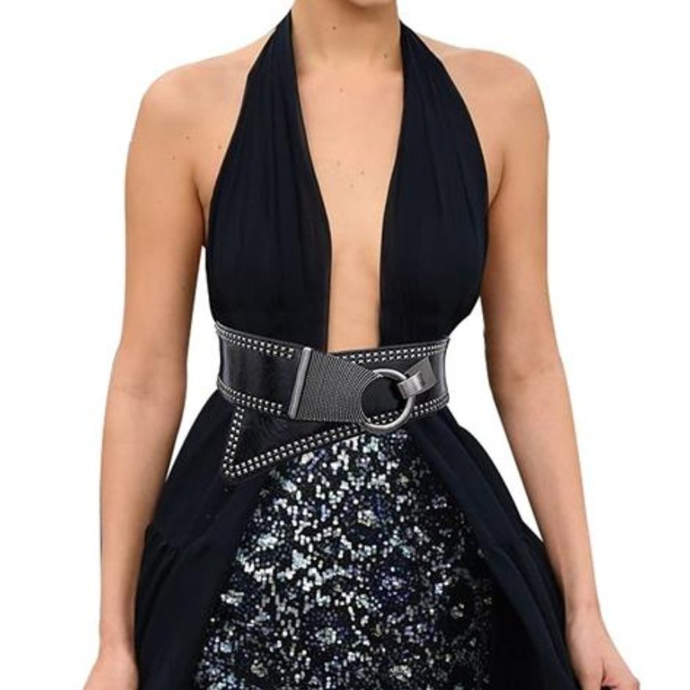 Studded Metallic Leather O-Ring Asymmetrical Waistbelt Retro Chunky Cincher Belt